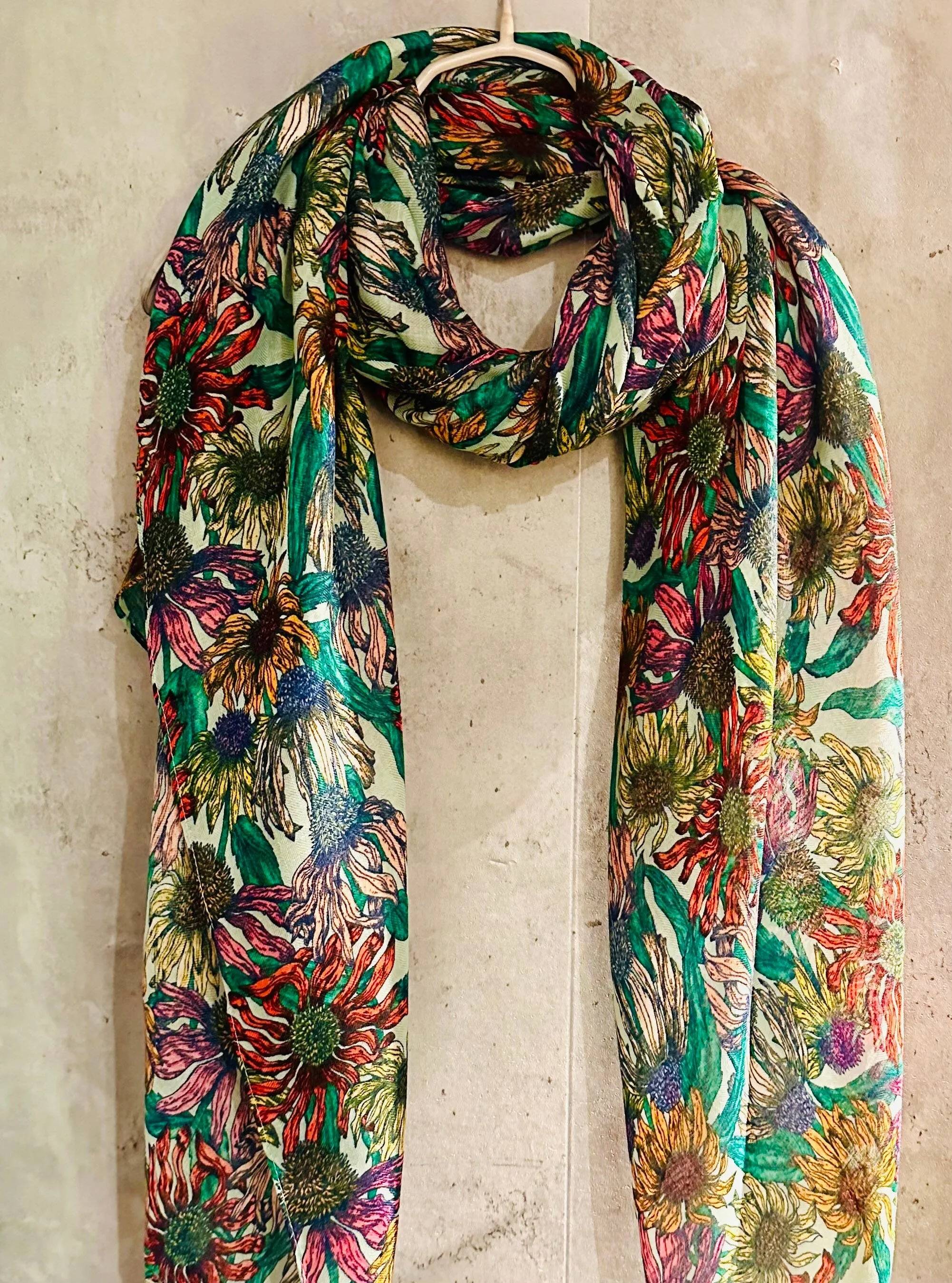 Green Organic Cotton Scarf with Eco-Friendly Sketched Sunflowers – A Thoughtful Gift for Mom, Perfect for Birthday and Christmas Celebrations