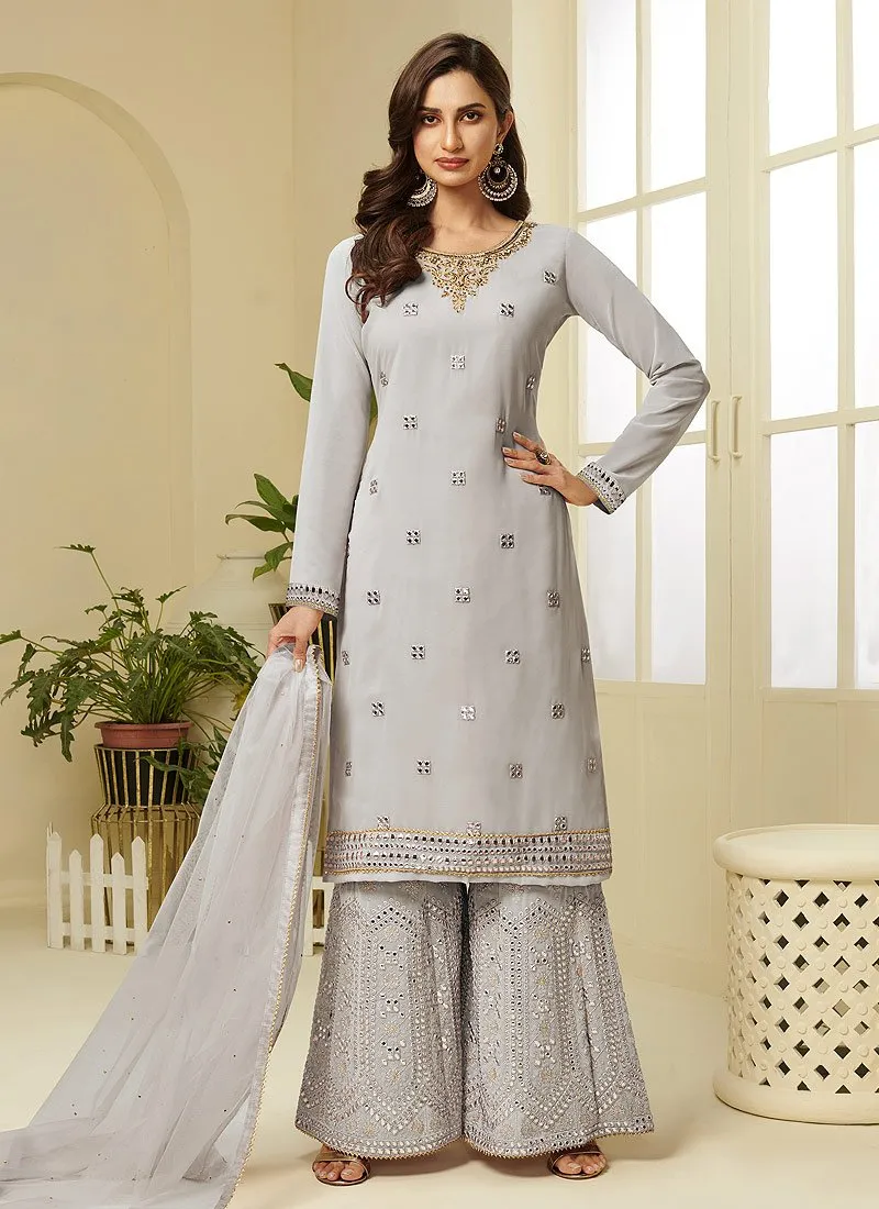 Grey Embroidered Faux Georgette Gota Work Sharara Suit