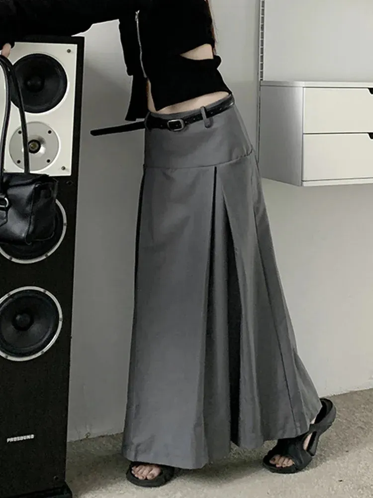 Grey Midi Long Skirts Womens Trousers Skirt Autumn Winter Goth Lolita High Waist Asymmetrical Pleated Skirts