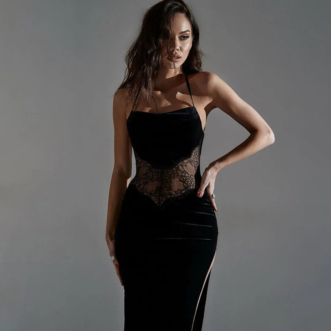 Groovy High Split Floral Velvet Lace Backless Slip Maxi Dress - Black