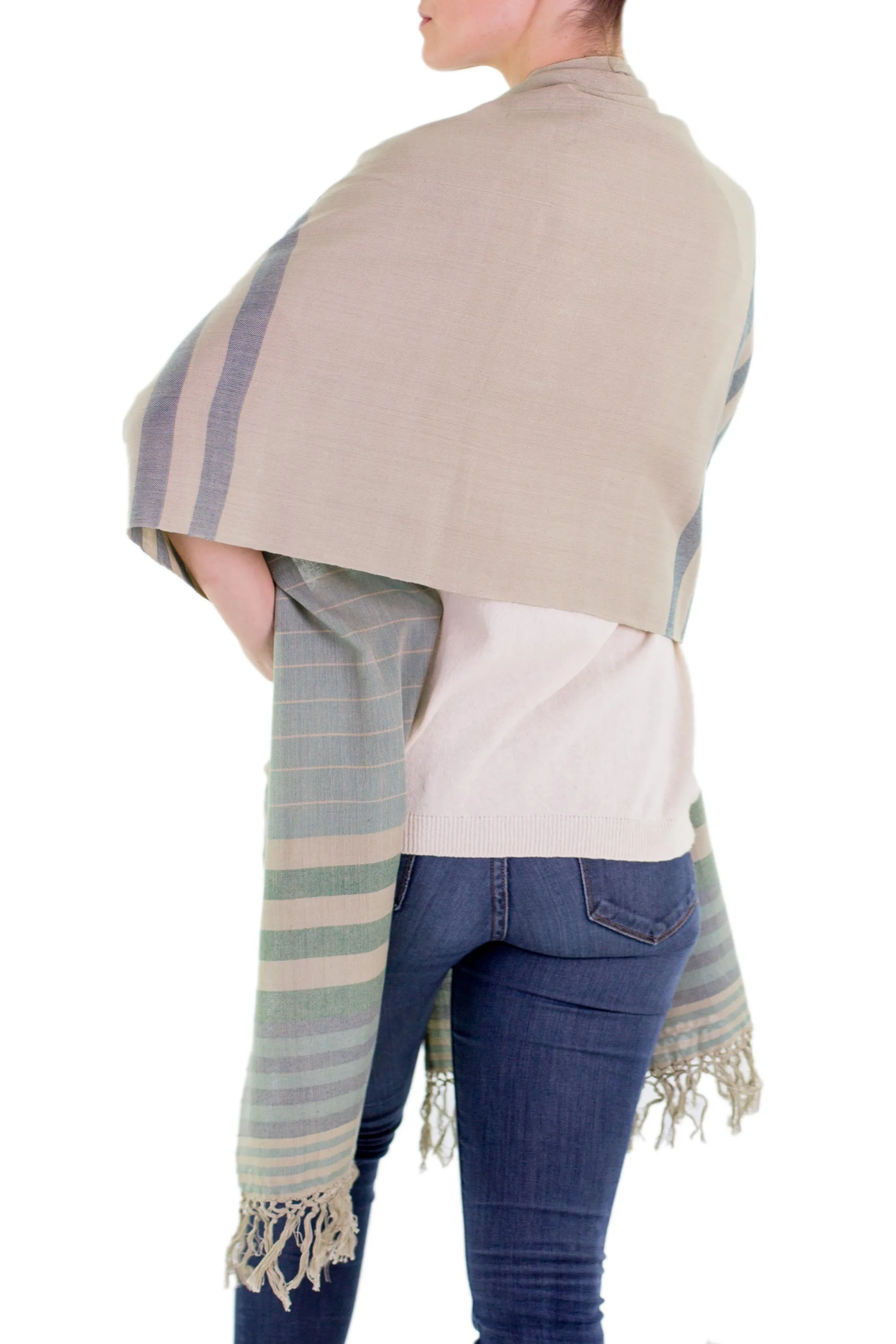 Handwoven Striped Cotton Shawl - Verdant Comalapa Breeze | NOVICA