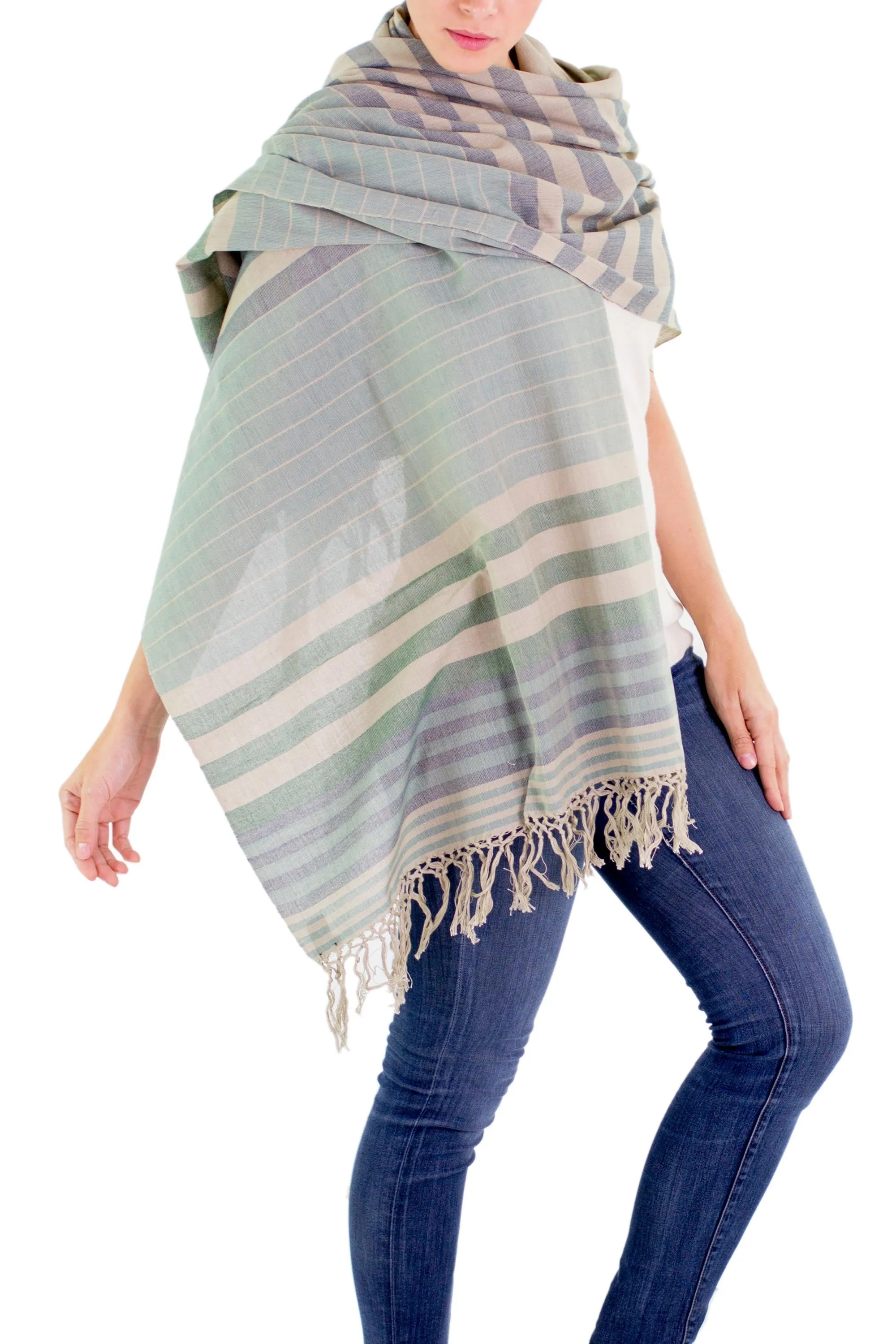 Handwoven Striped Cotton Shawl - Verdant Comalapa Breeze | NOVICA