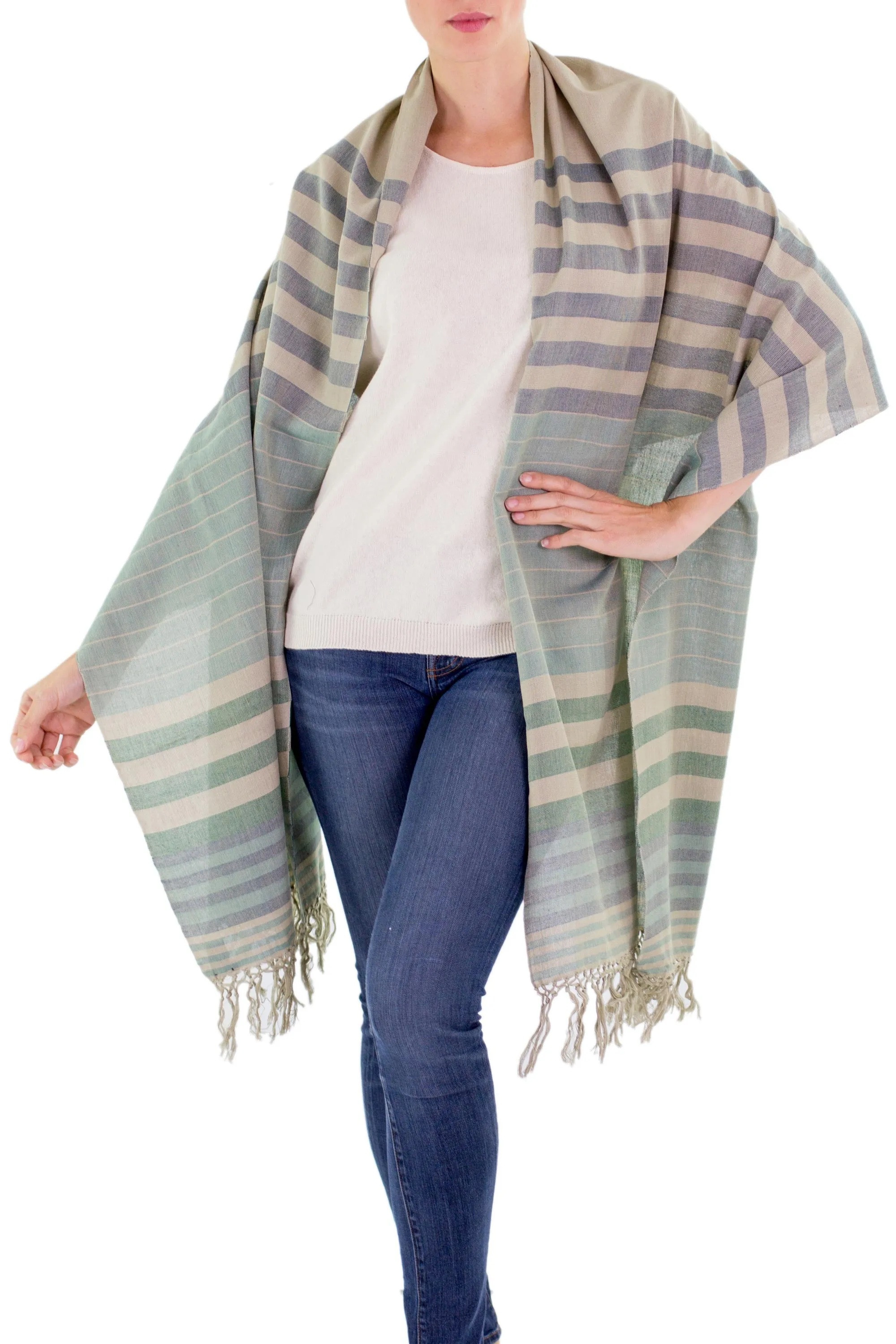 Handwoven Striped Cotton Shawl - Verdant Comalapa Breeze | NOVICA