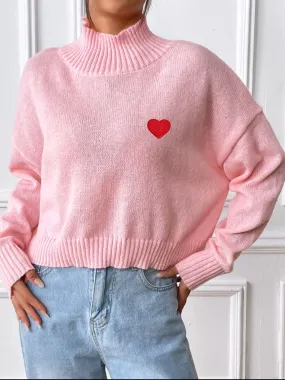 Heart Turtleneck Long Sleeve Sweater