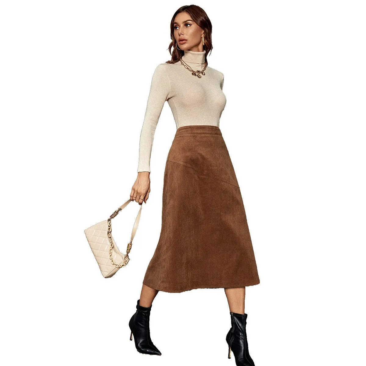 High Waist A-Line Corduroy Skirt