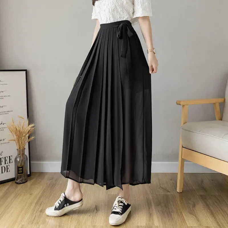 Joskaa Summer New Style Korean Women Big Hem Skirt Trousers Pleated Chiffon Trousers High Waist Pants Hakama Casual Wide Leg Pantalones