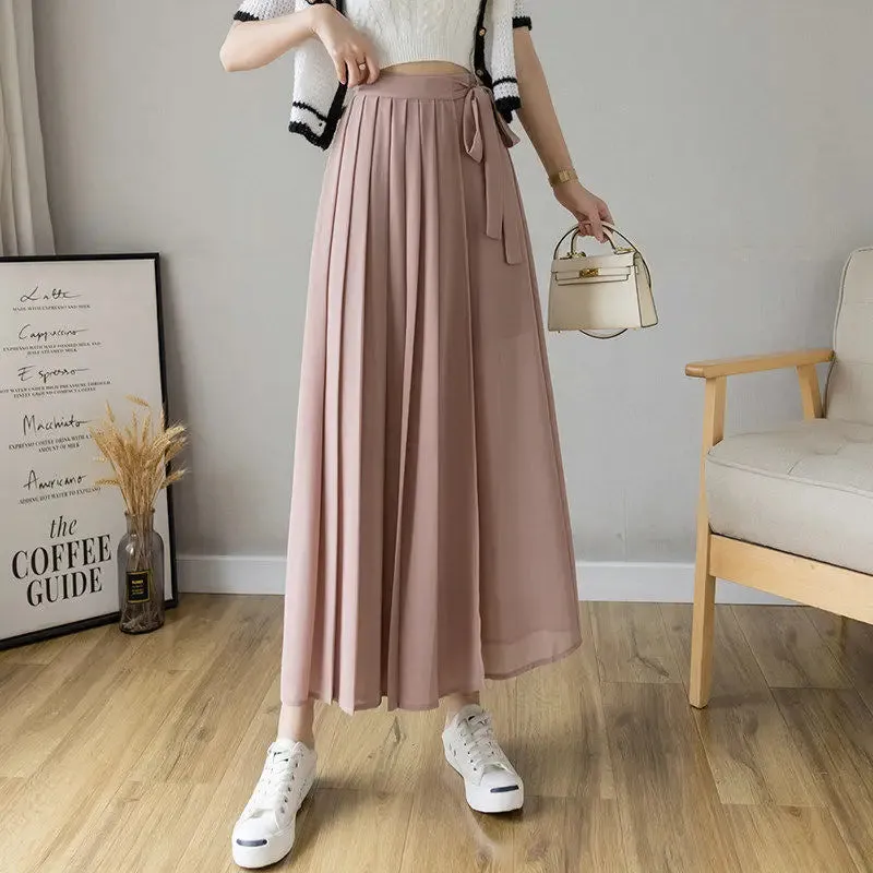 Joskaa Summer New Style Korean Women Big Hem Skirt Trousers Pleated Chiffon Trousers High Waist Pants Hakama Casual Wide Leg Pantalones