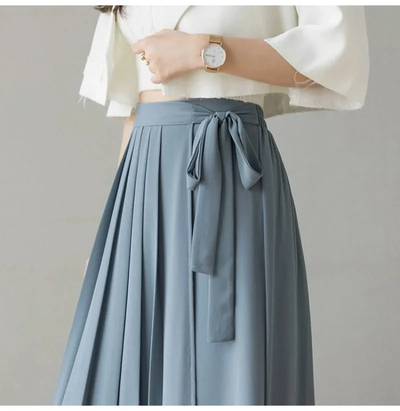 Joskaa Summer New Style Korean Women Big Hem Skirt Trousers Pleated Chiffon Trousers High Waist Pants Hakama Casual Wide Leg Pantalones