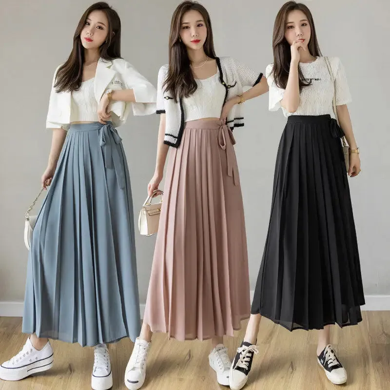 Joskaa Summer New Style Korean Women Big Hem Skirt Trousers Pleated Chiffon Trousers High Waist Pants Hakama Casual Wide Leg Pantalones