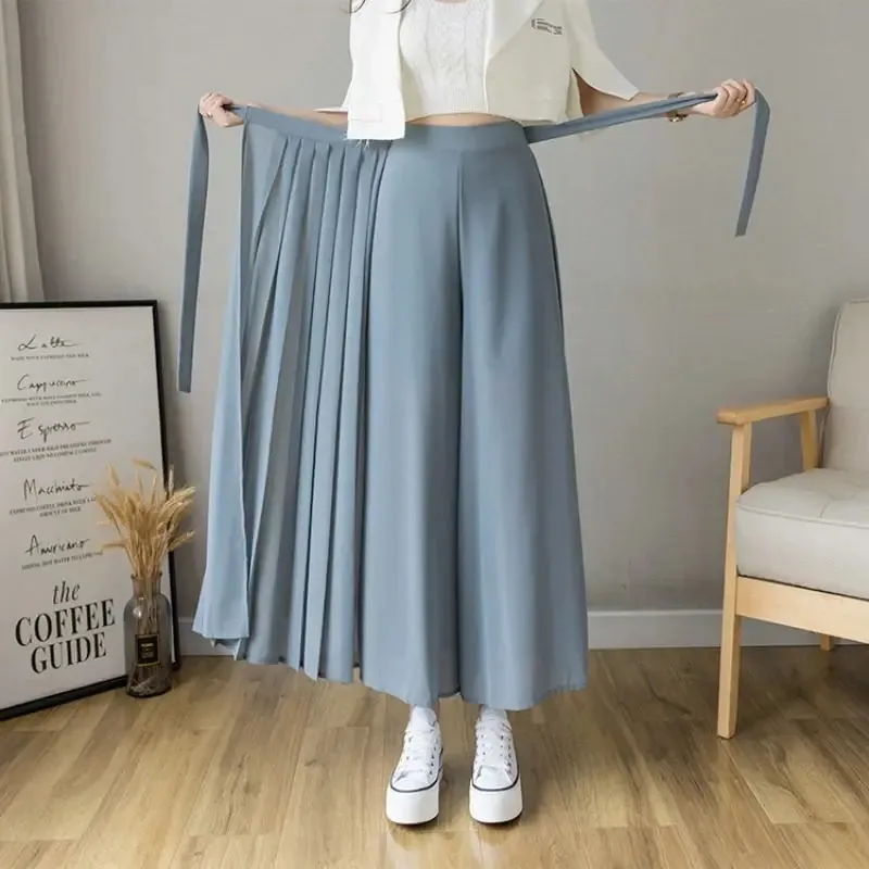 Joskaa Summer New Style Korean Women Big Hem Skirt Trousers Pleated Chiffon Trousers High Waist Pants Hakama Casual Wide Leg Pantalones