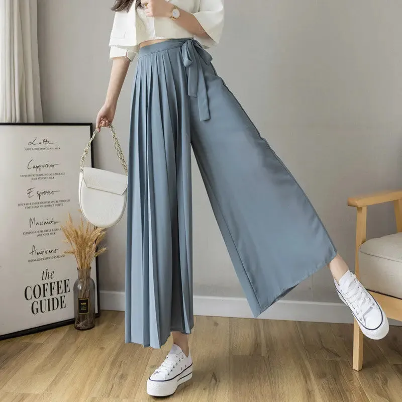 Joskaa Summer New Style Korean Women Big Hem Skirt Trousers Pleated Chiffon Trousers High Waist Pants Hakama Casual Wide Leg Pantalones