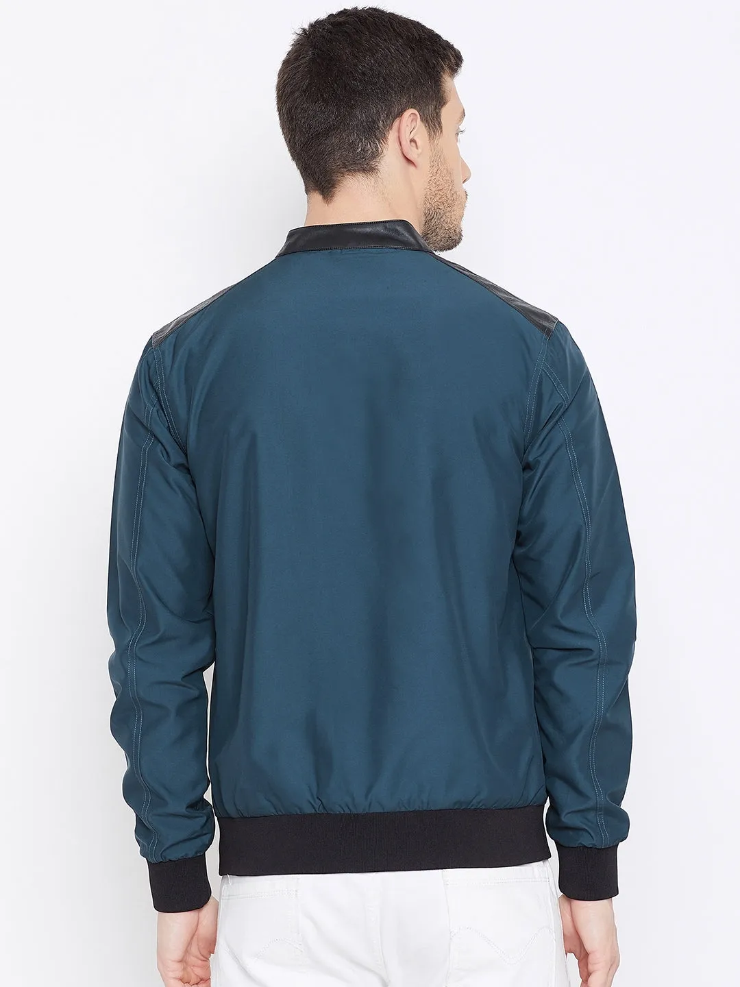 JUMP USA Men Teal Solid Casual Bomber Jacket