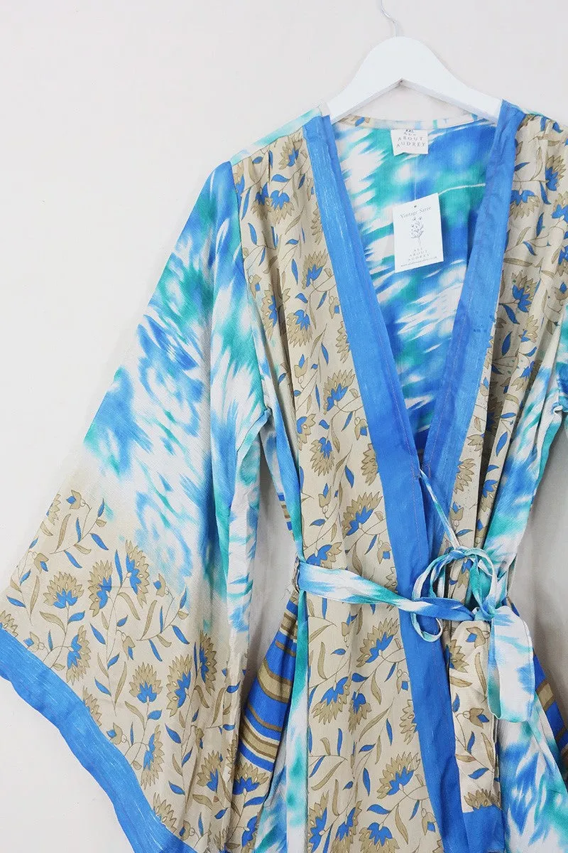 Karina Kimono Jacket - Vintage Sari - Marine Blue Mirage - Free Size XXL