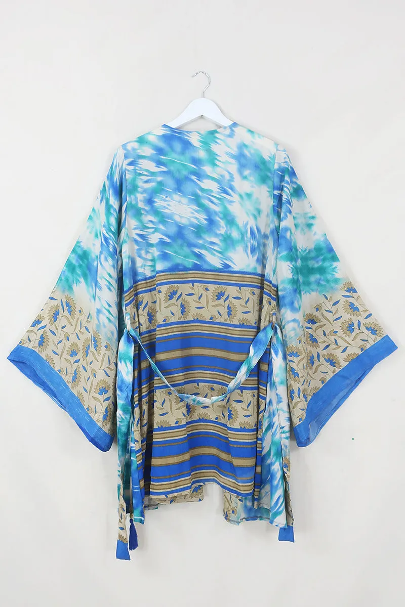 Karina Kimono Jacket - Vintage Sari - Marine Blue Mirage - Free Size XXL