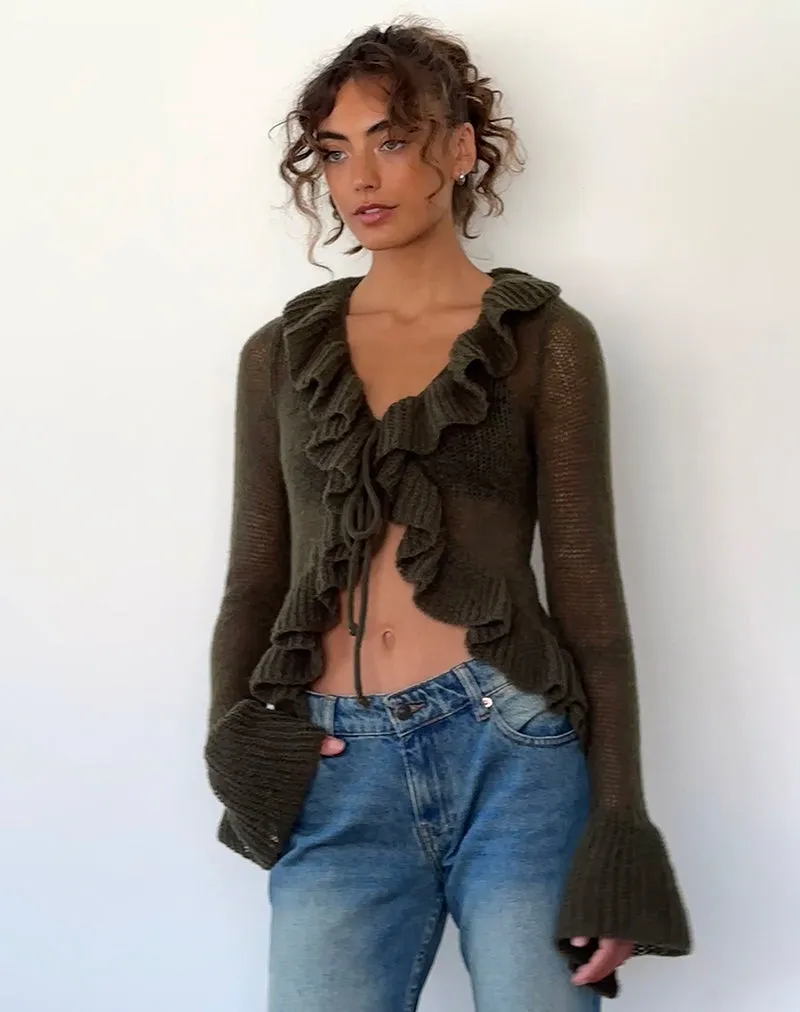 Kendra Ruffle Cardi in Khaki