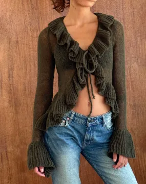 Kendra Ruffle Cardi in Khaki