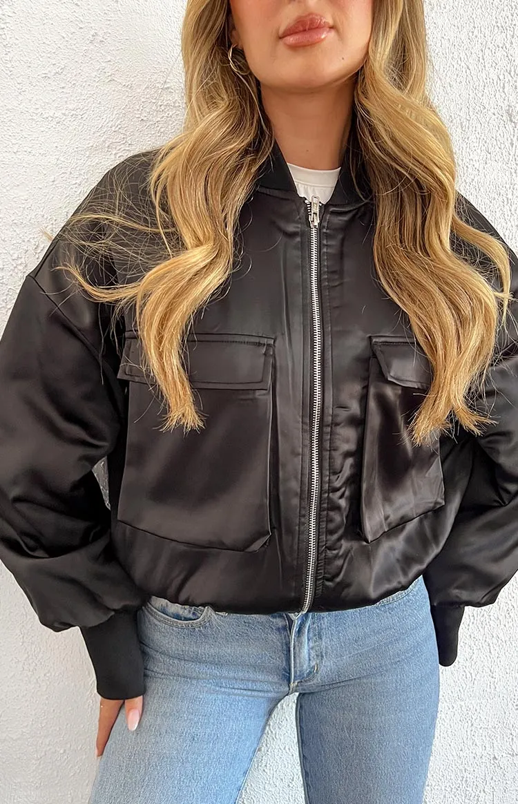 Keziah Black Satin Bomber Jacket