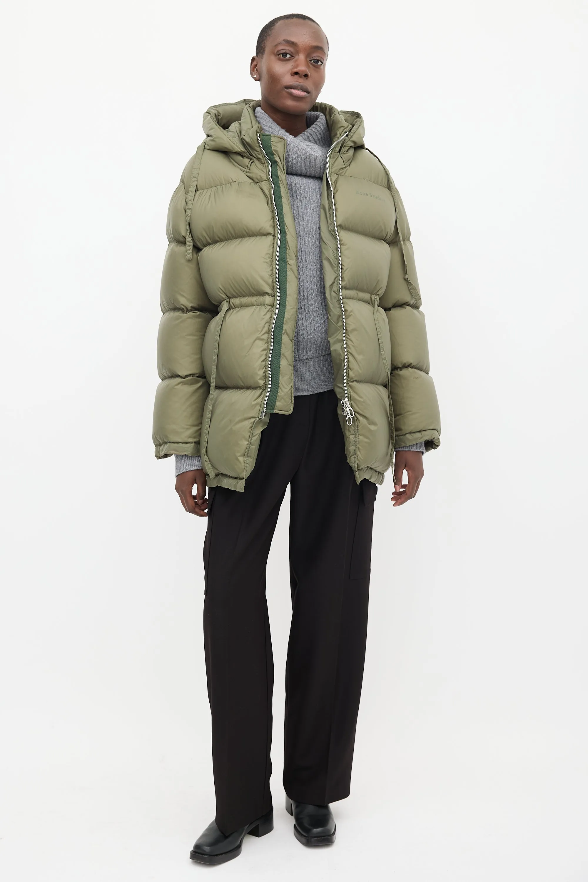 Khaki Green Oversized Drawstring Puffer Jacket