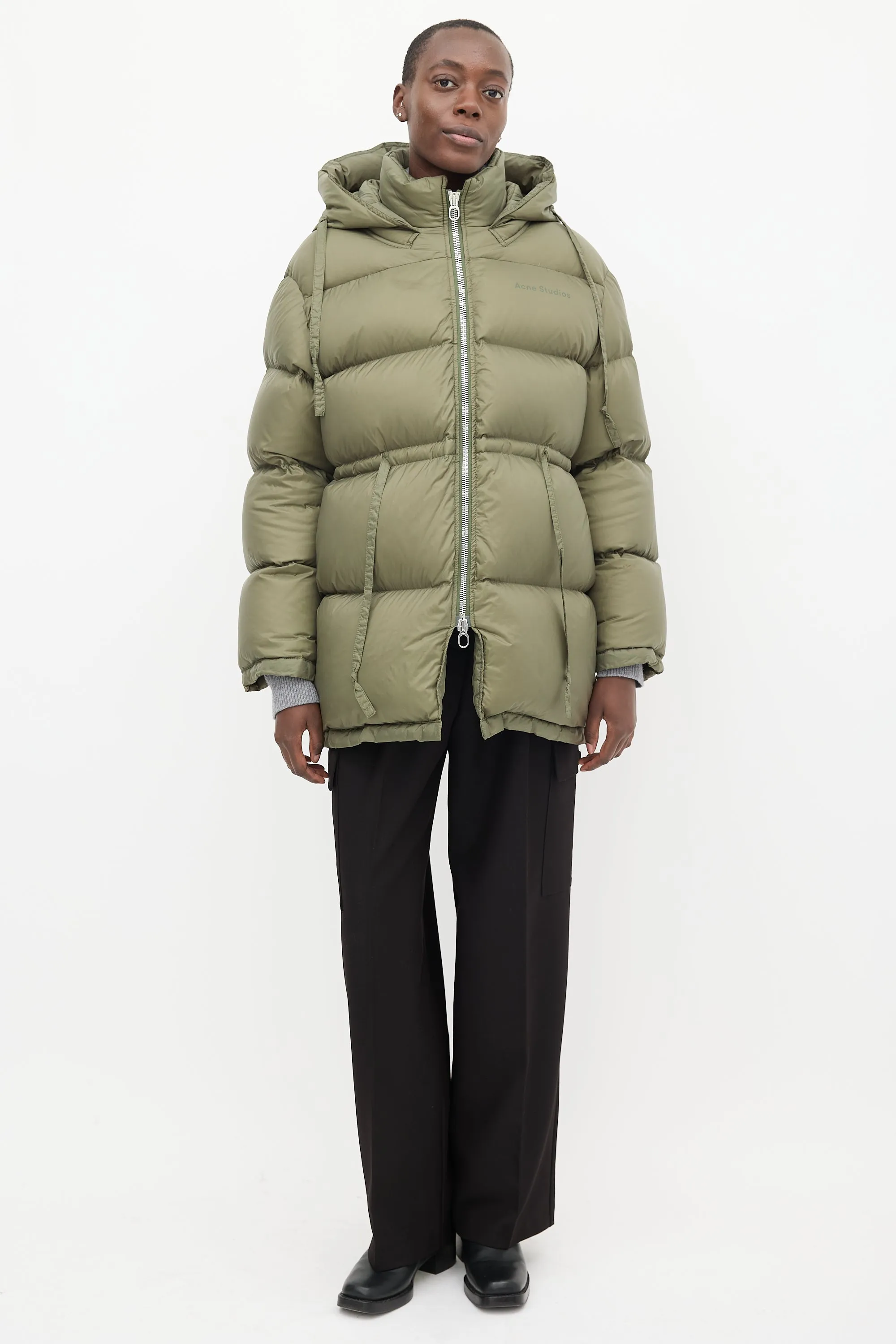 Khaki Green Oversized Drawstring Puffer Jacket