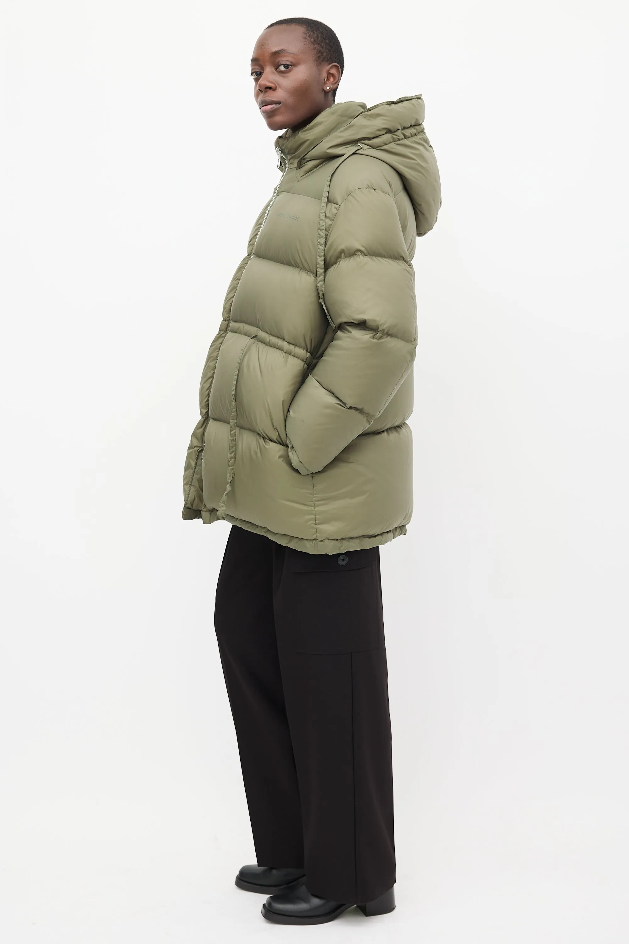 Khaki Green Oversized Drawstring Puffer Jacket