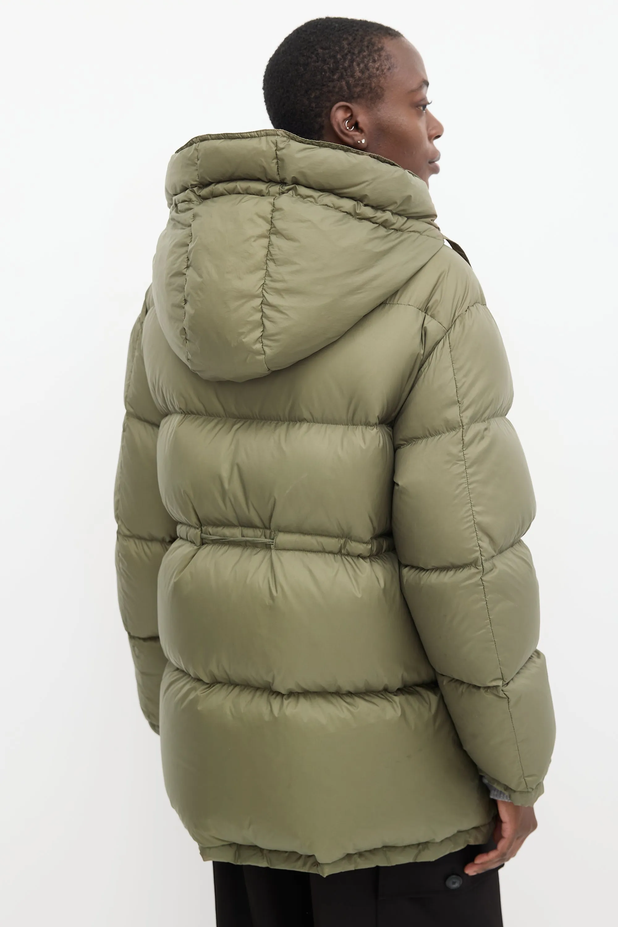 Khaki Green Oversized Drawstring Puffer Jacket