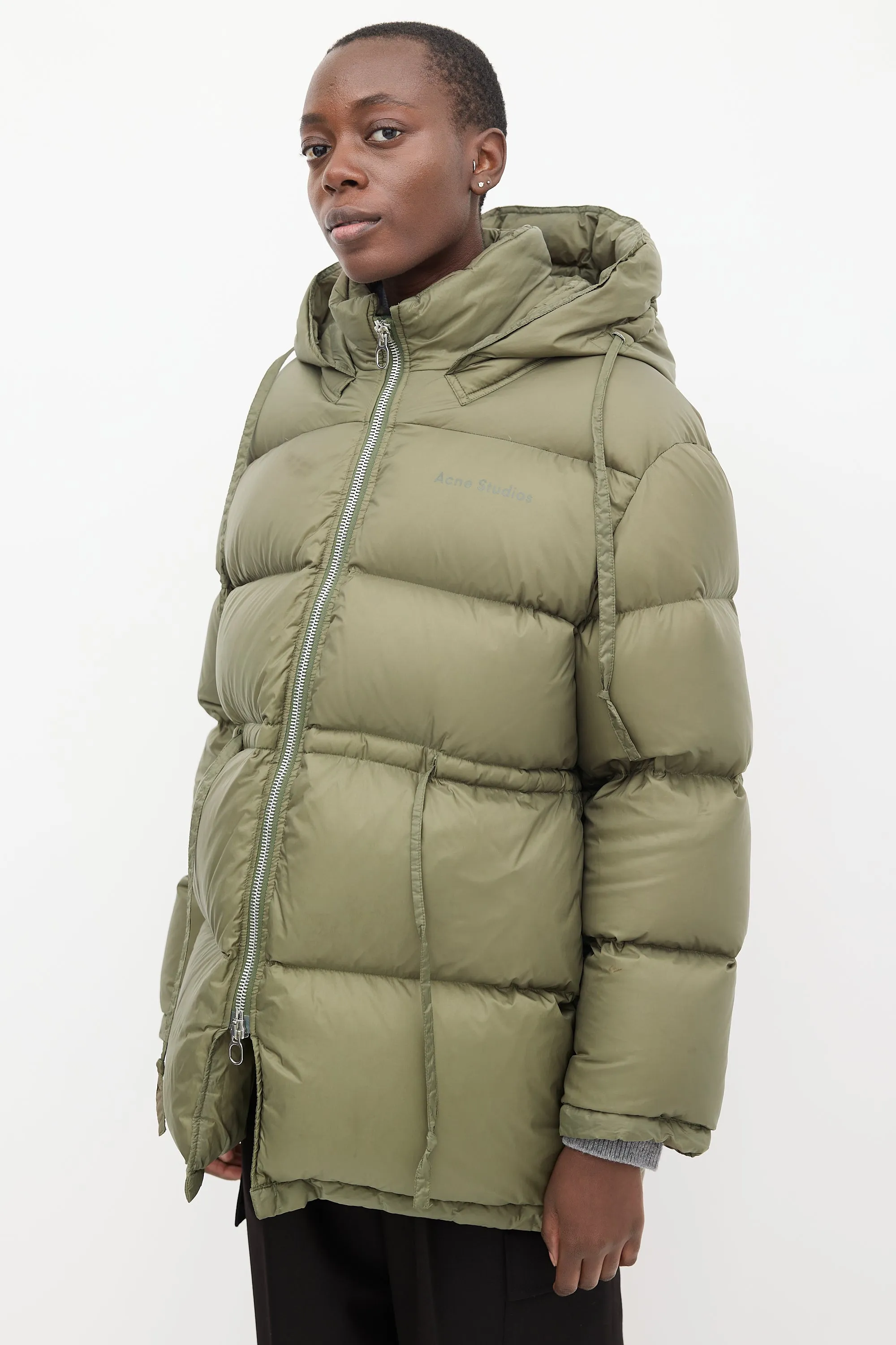 Khaki Green Oversized Drawstring Puffer Jacket