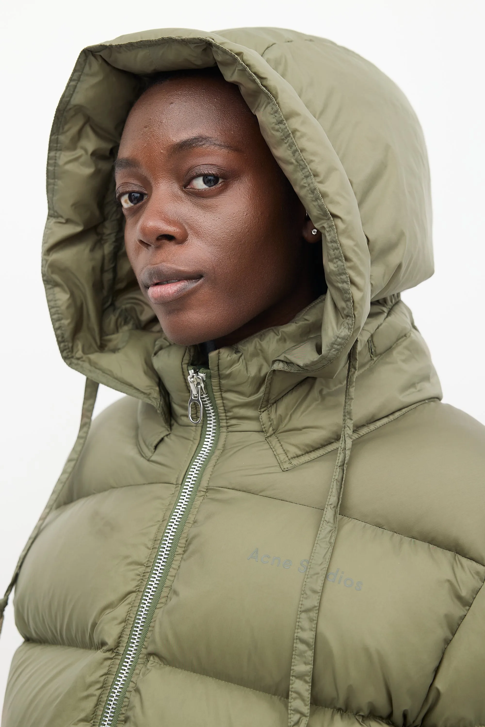 Khaki Green Oversized Drawstring Puffer Jacket