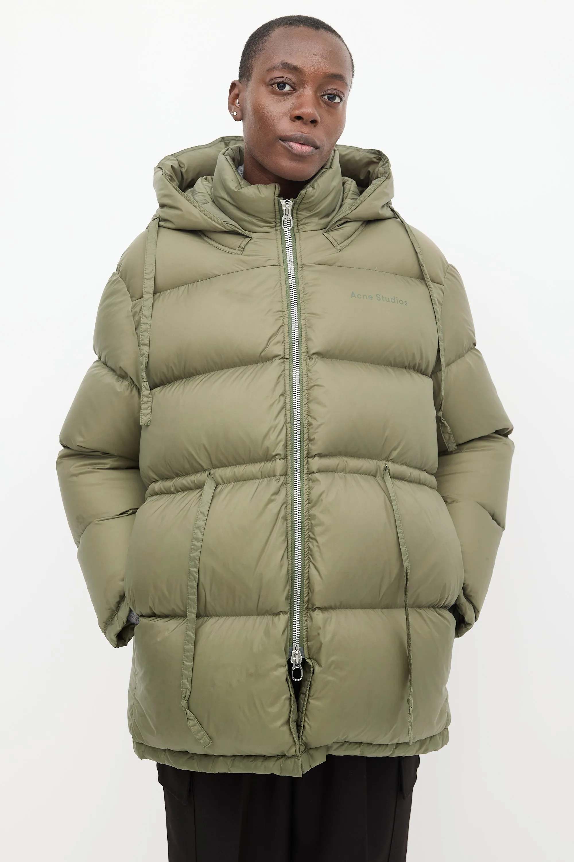 Khaki Green Oversized Drawstring Puffer Jacket