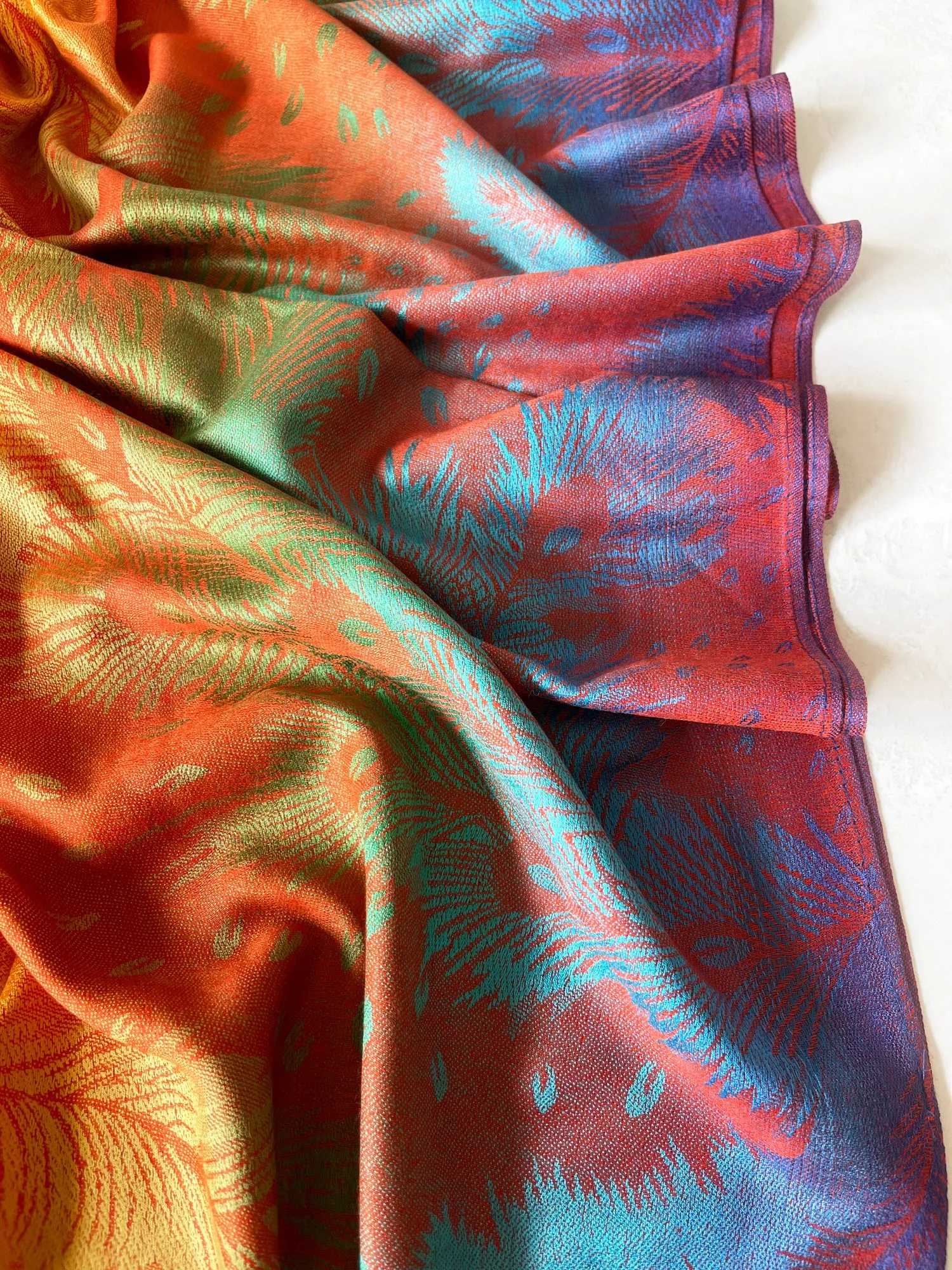 LARGE SUNSET RAINBOW FEATHER AND LEAF PRINT PASHMINA SHAWL SCARF