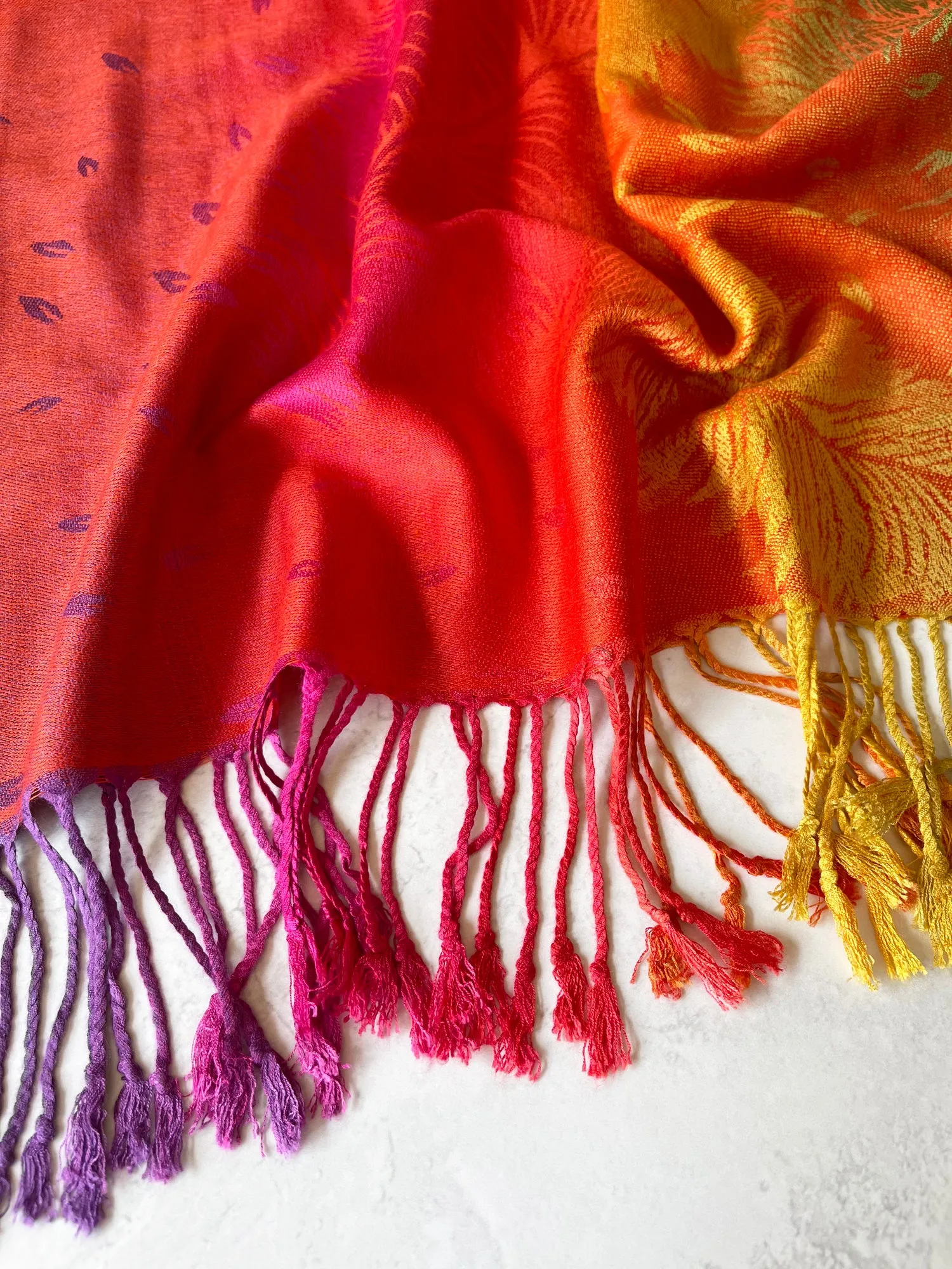 LARGE SUNSET RAINBOW FEATHER AND LEAF PRINT PASHMINA SHAWL SCARF