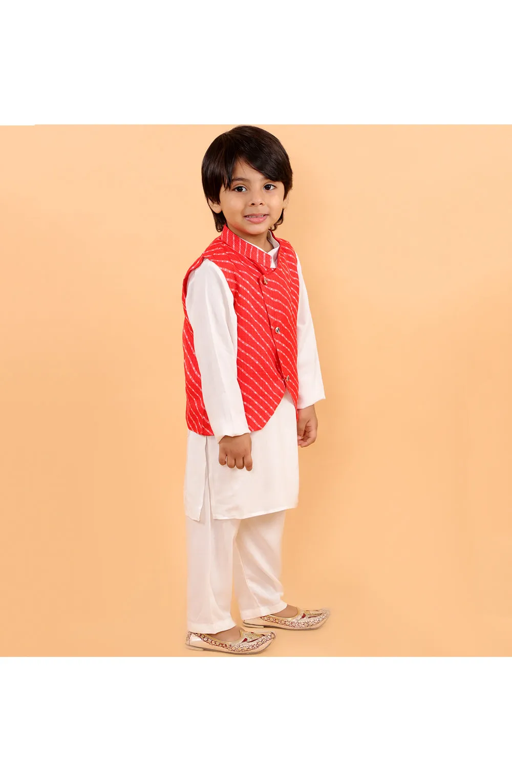 Lehriya jacket with white kurta and pyjama