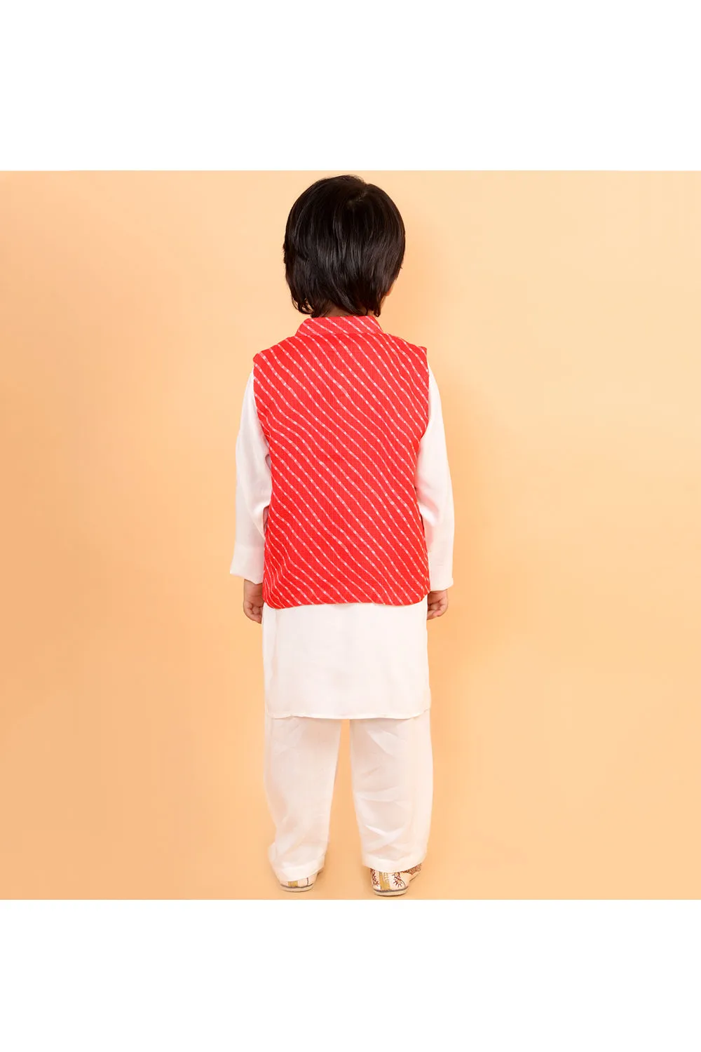 Lehriya jacket with white kurta and pyjama