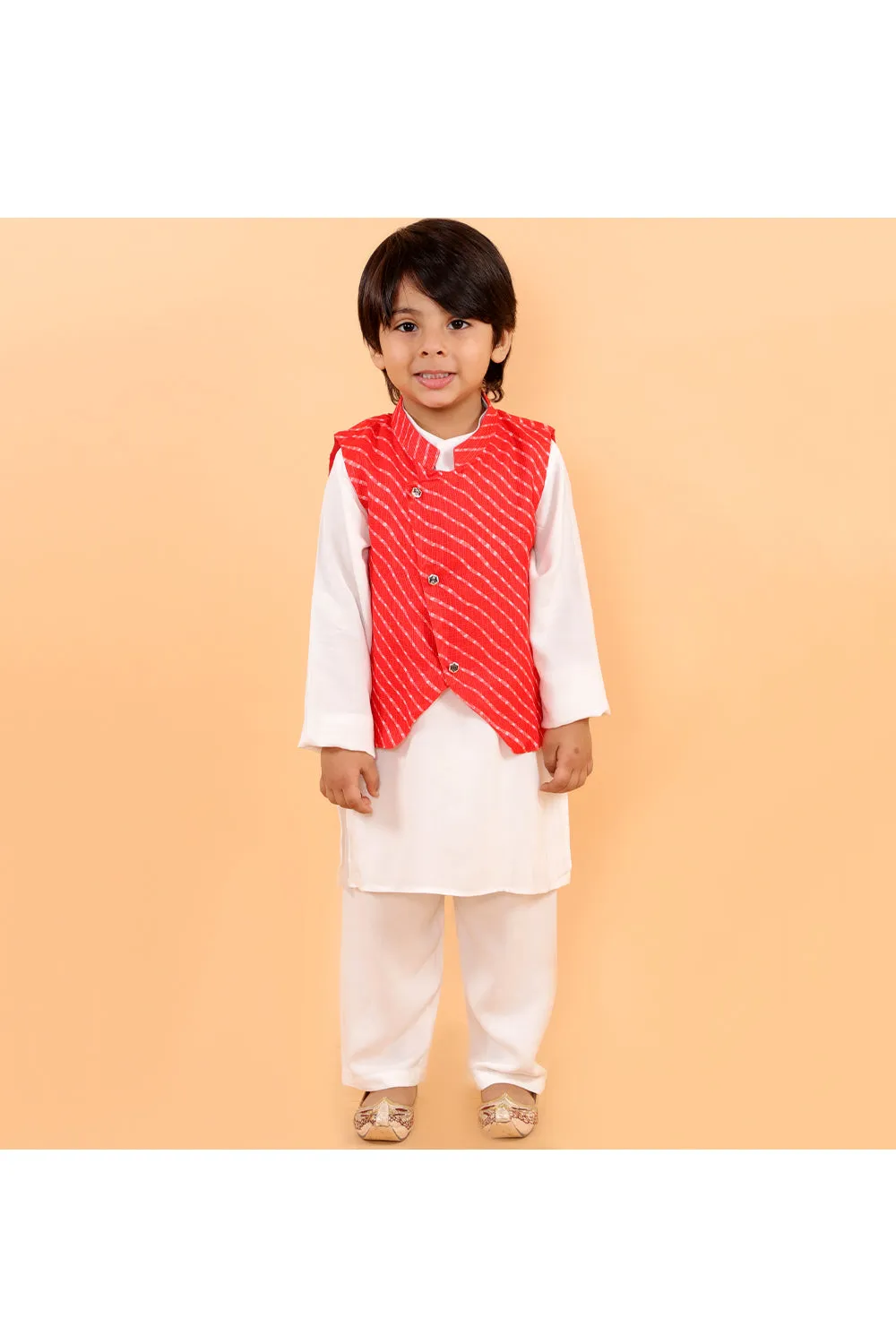 Lehriya jacket with white kurta and pyjama