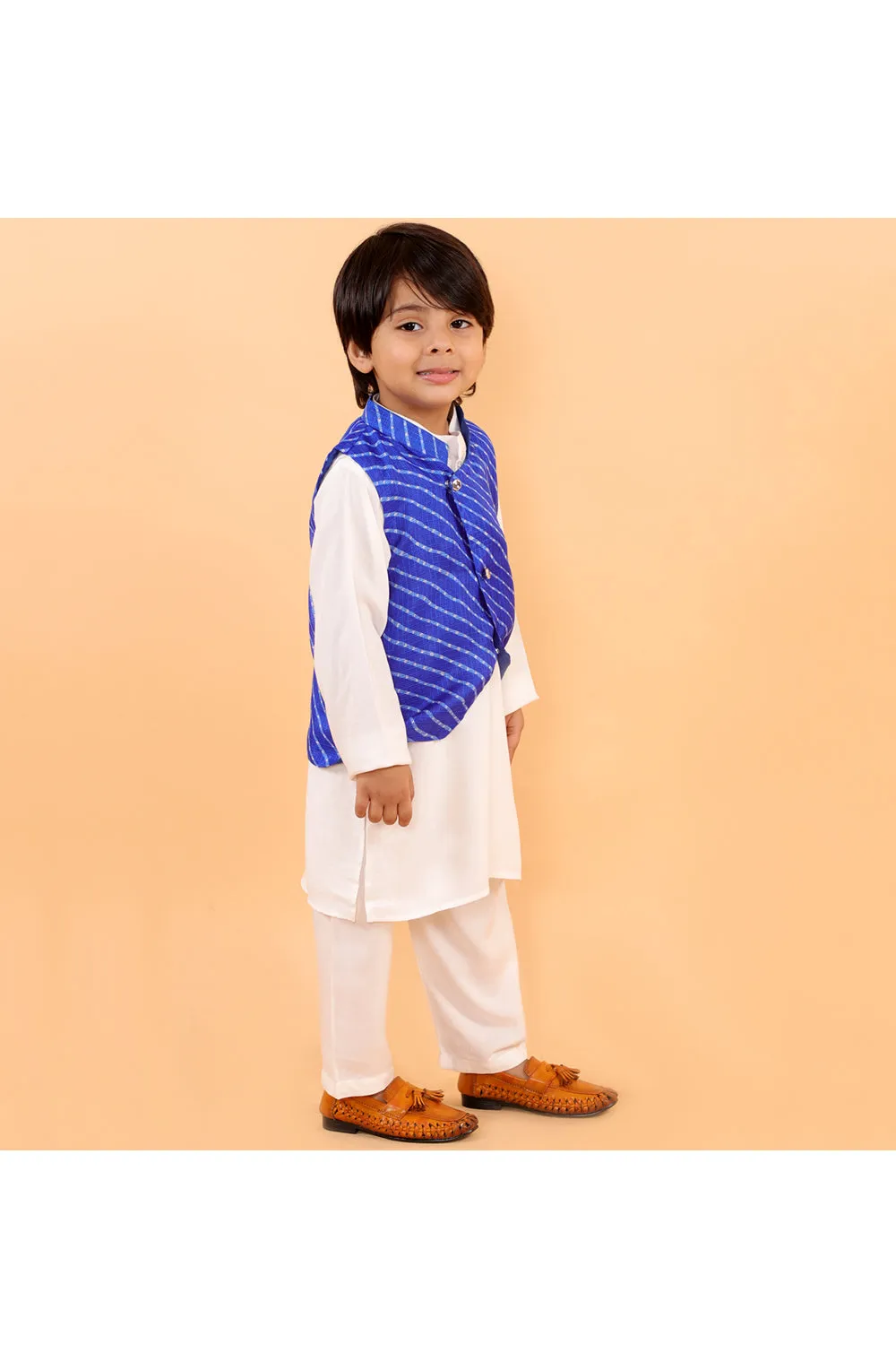 Lehriya jacket with white kurta and pyjama