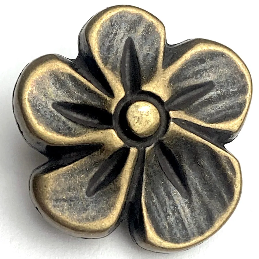 Lemon Flower Blossom, Antique Brass Smaller 9/16" Shank Back Metal Button 15mm  #FJ-47