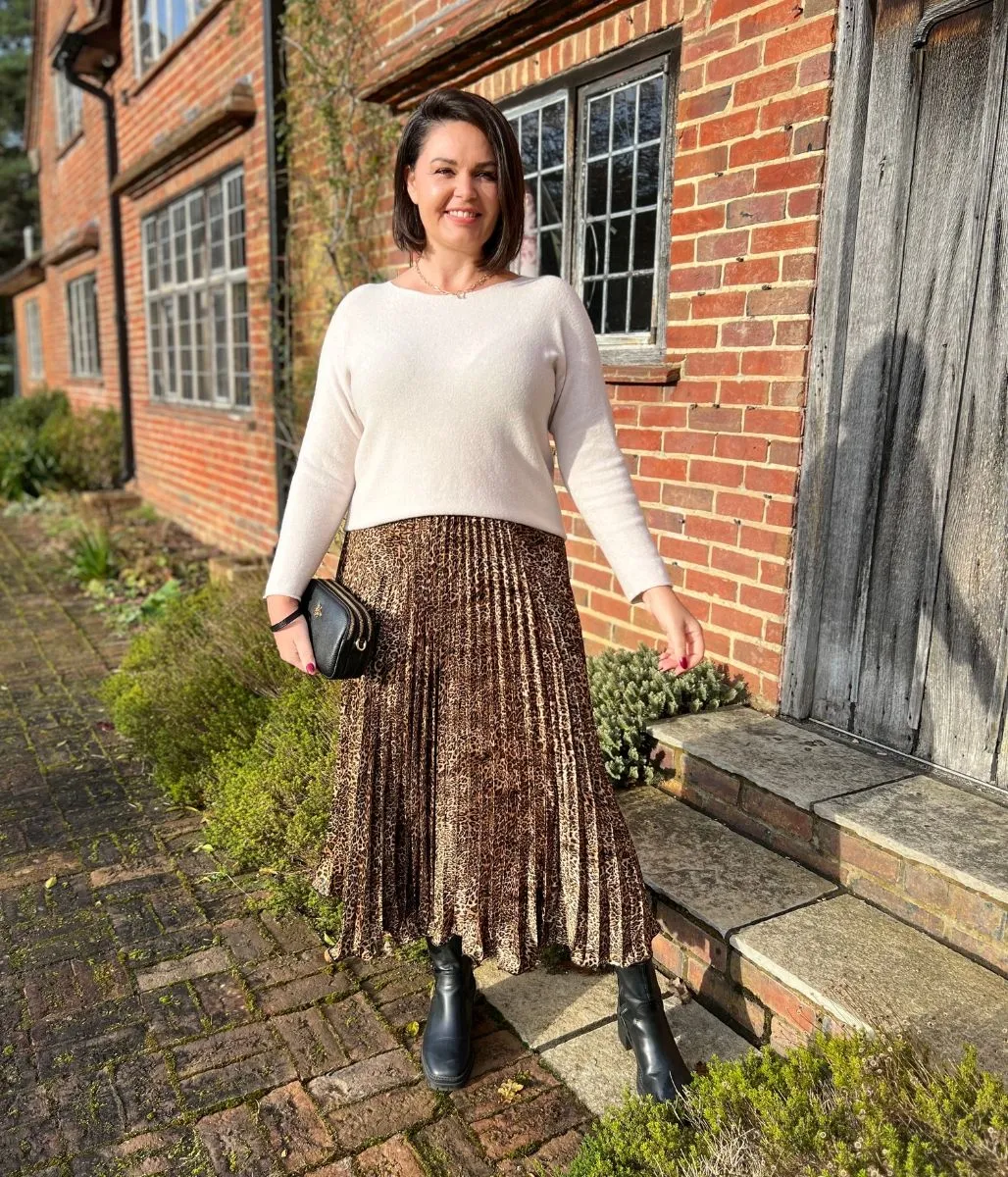 Leopard Print Satin Pleated Skirt