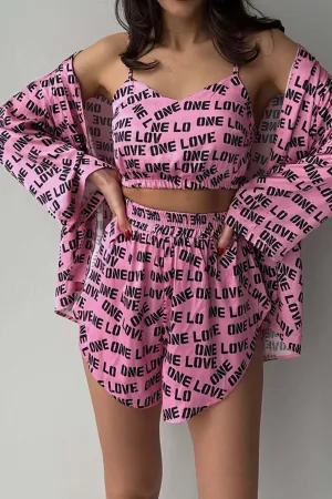 Letter Print Open Front Strappy Cardigan Vest Shorts Suits