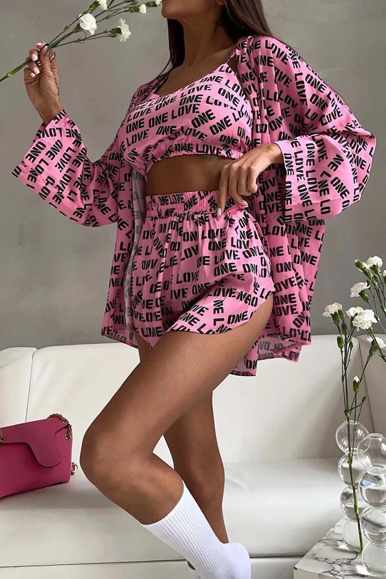 Letter Print Open Front Strappy Cardigan Vest Shorts Suits