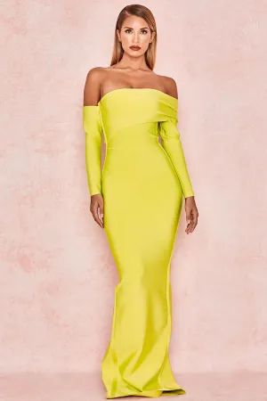 Long Sleeve Off Shoulder Slit Bandage Maxi Prom Formal Dress - Yellow