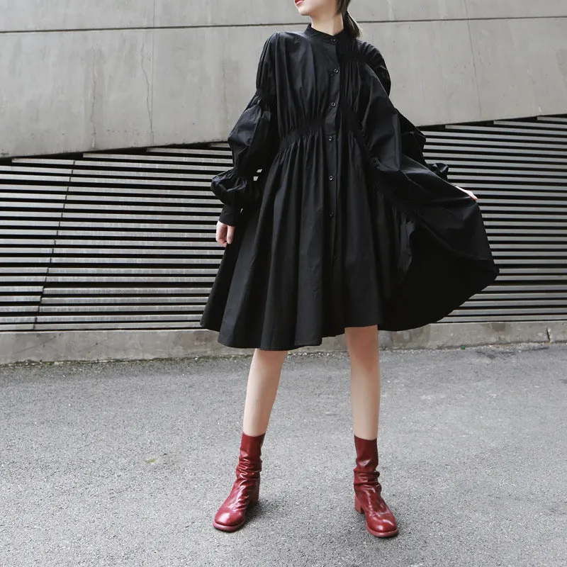 Loose personality fashion pleated stand collar Lantern Sleeve solid color irregular dress