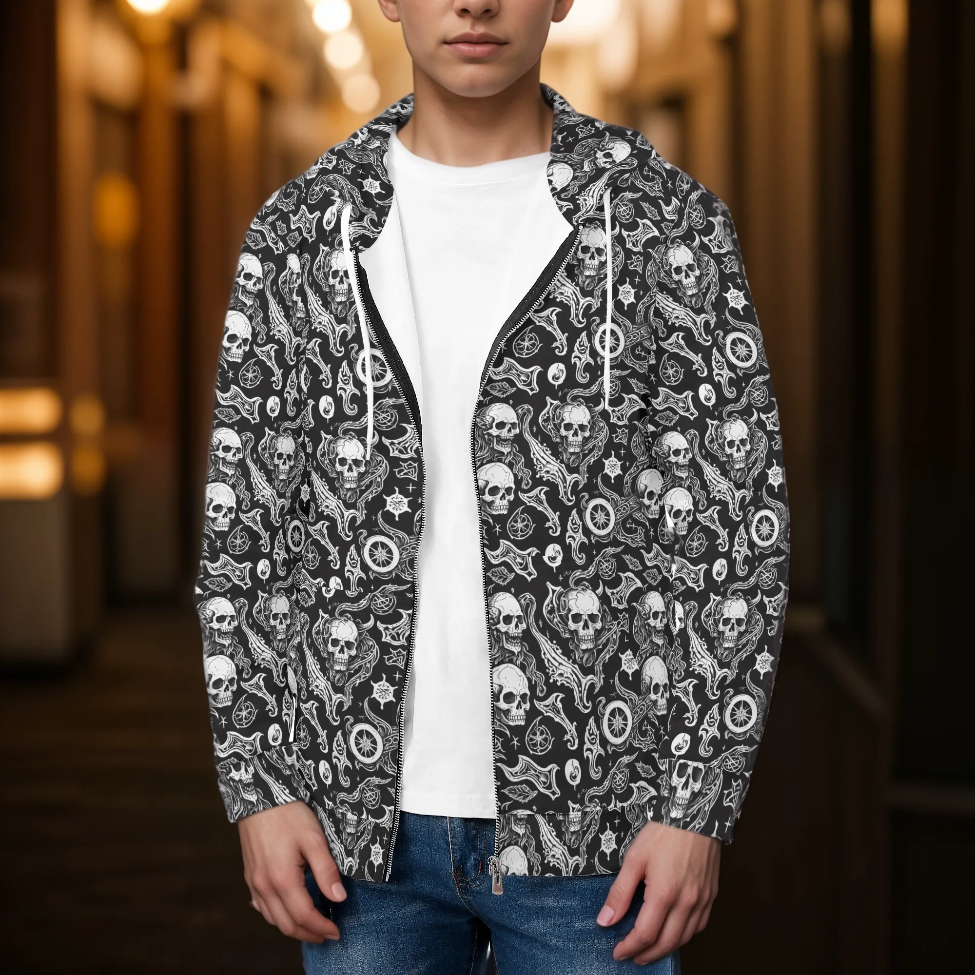 Mens Flying Skulls Classic Zip Up Hoodie Warm Jacket