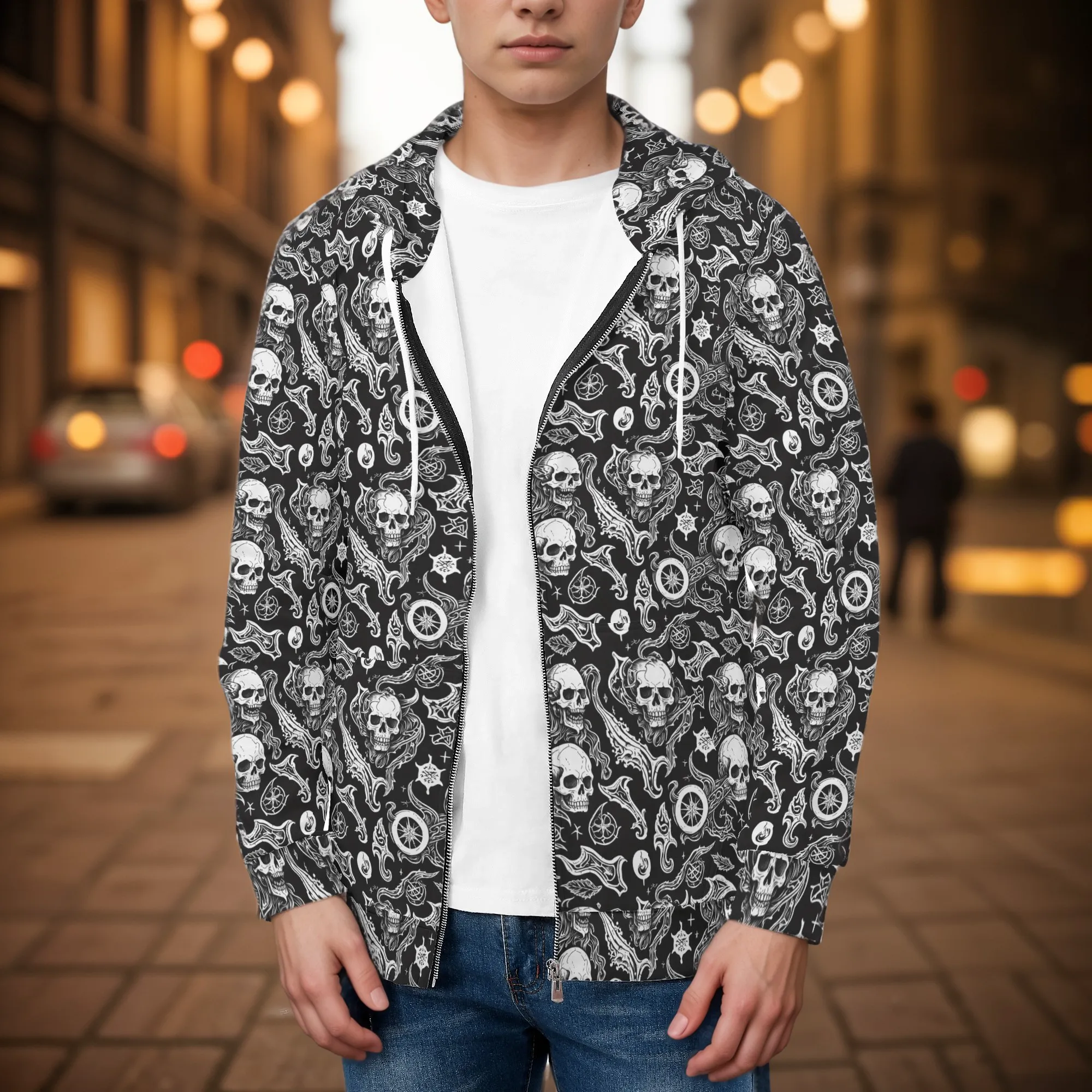 Mens Flying Skulls Classic Zip Up Hoodie Warm Jacket