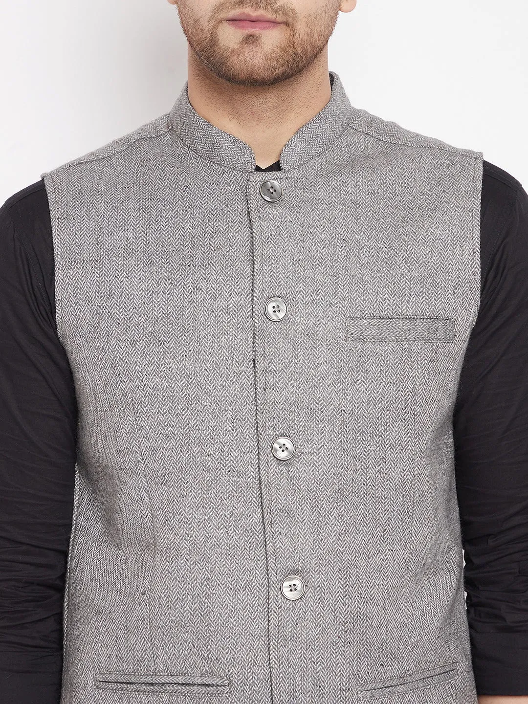 Men's Grey Color Woven Nehru Jacket - Even Apparels