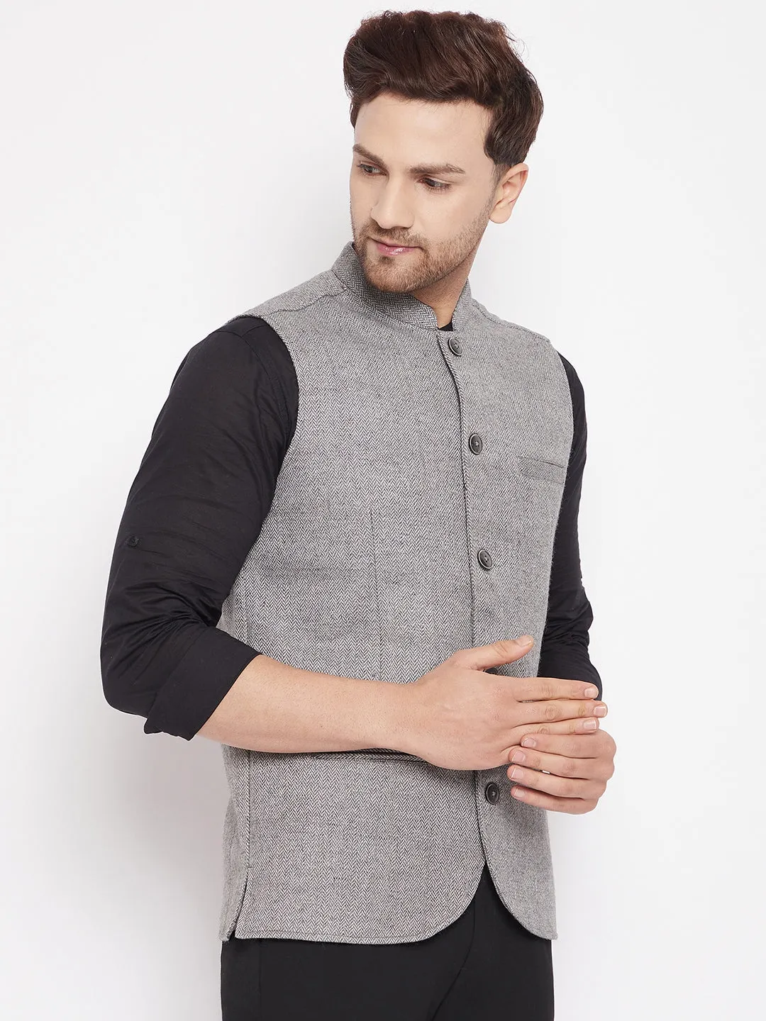 Men's Grey Color Woven Nehru Jacket - Even Apparels