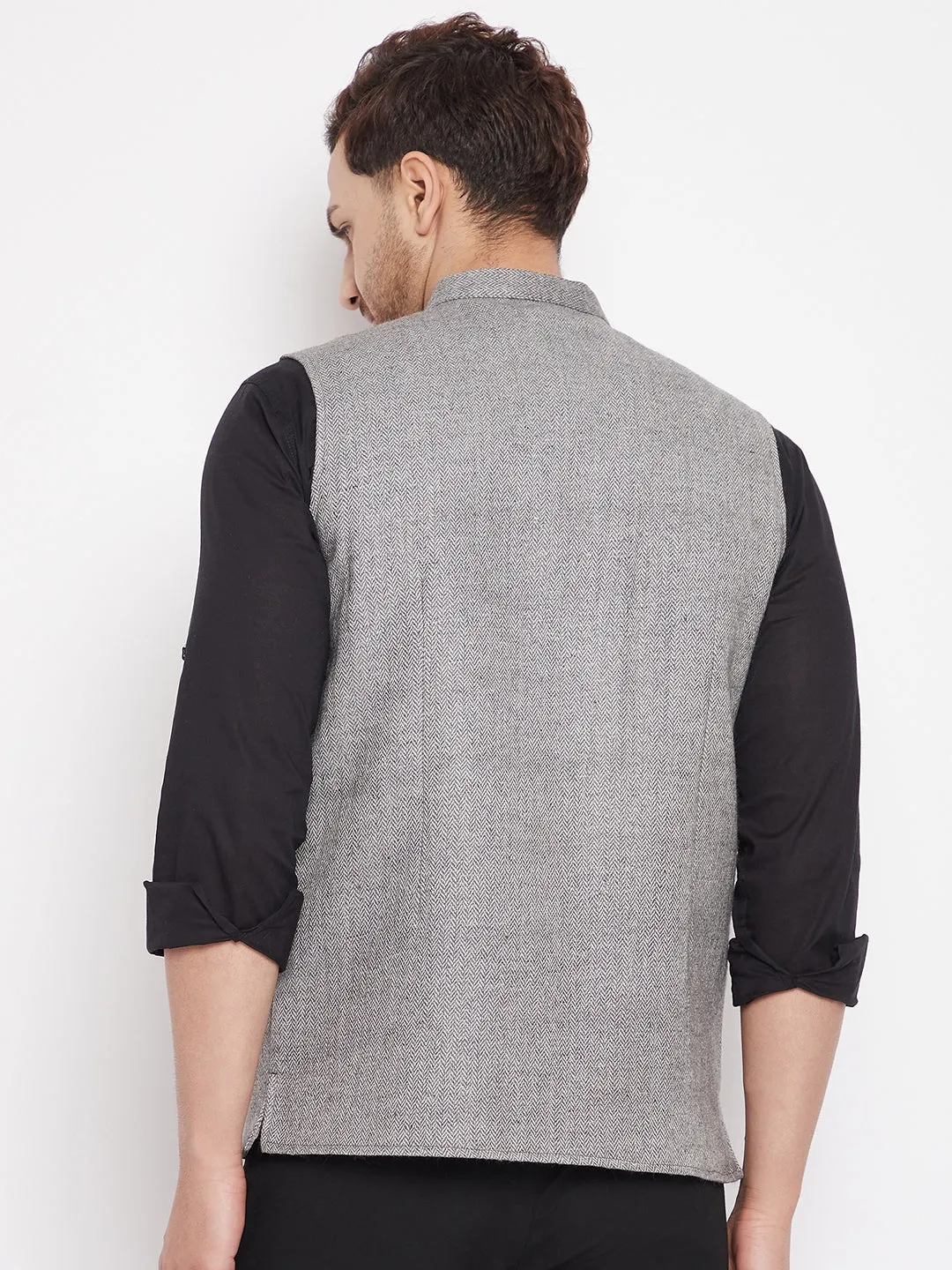 Men's Grey Color Woven Nehru Jacket - Even Apparels