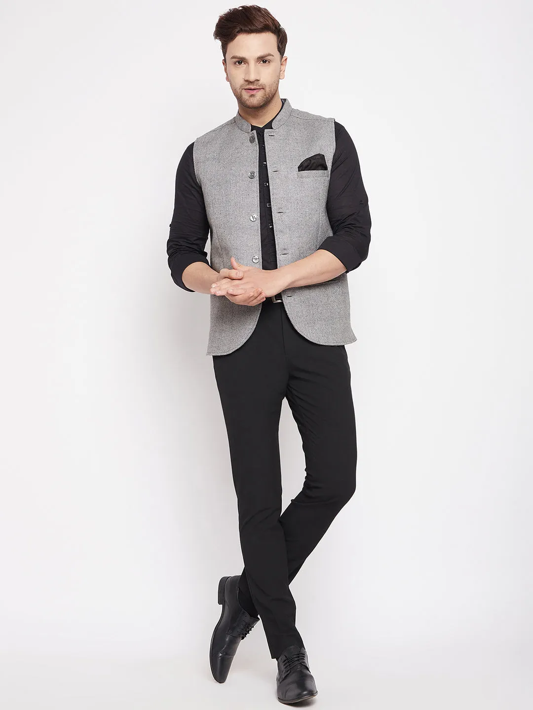 Men's Grey Color Woven Nehru Jacket - Even Apparels