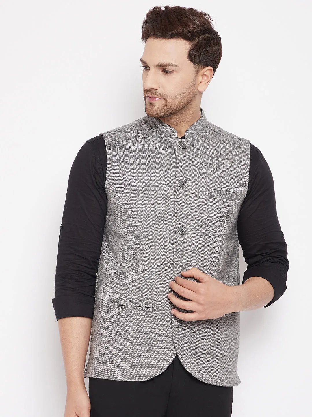 Men's Grey Color Woven Nehru Jacket - Even Apparels