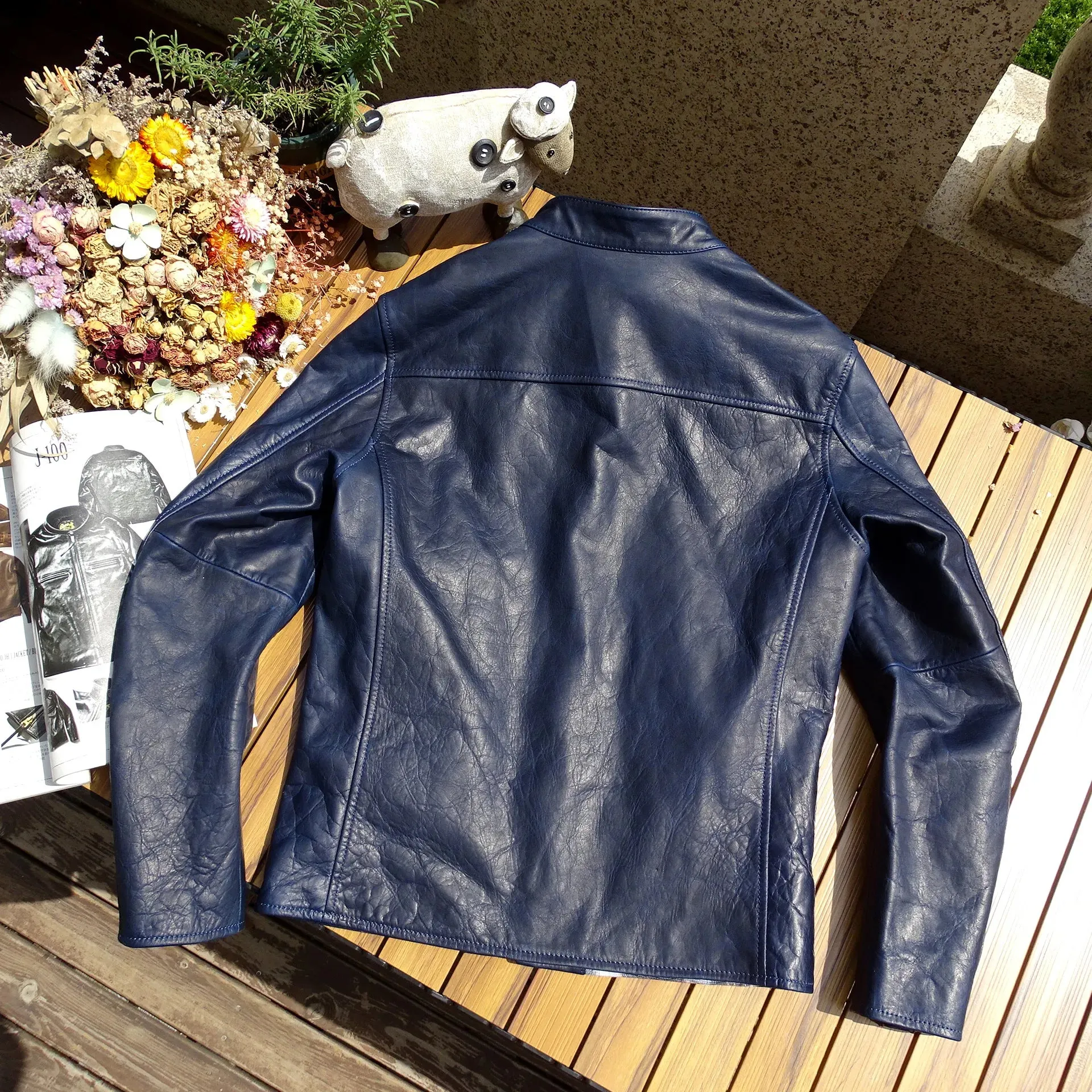 Men's Indigo Blue Leather Jacket - Slim Fit Horsehide Racer Motorcycle Style