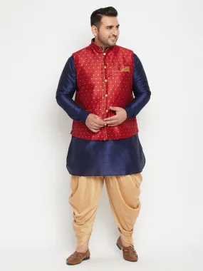 Men's Plus Navy Blue, Maroon And White Silk Blend Jacket Kurta Pyjama Set - Vastramay