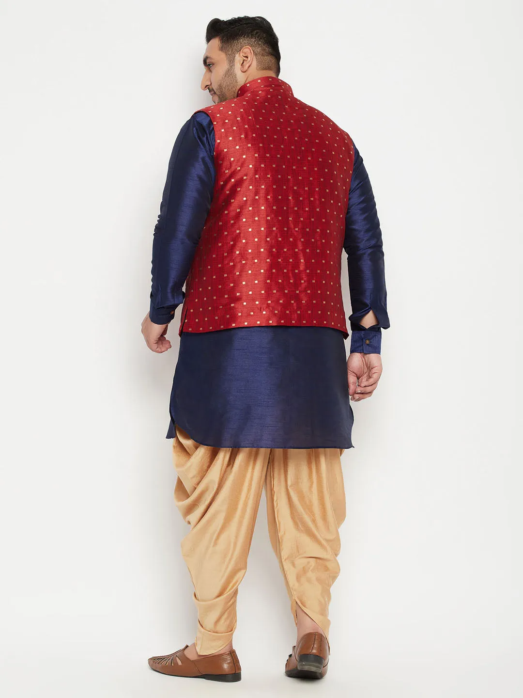 Men's Plus Navy Blue, Maroon And White Silk Blend Jacket Kurta Pyjama Set - Vastramay